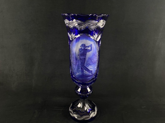 European Cobalt Blue Overlay Scalloped & Etched Crystal Golfer Image Vase (W3)