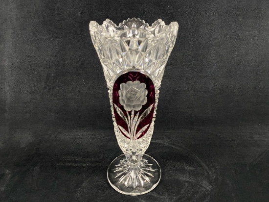 Vintage Bohemian Scalloped Ruby Accent Crystal Vase (W3)