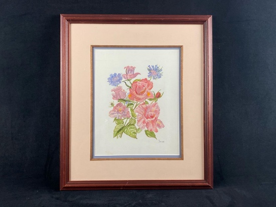 Vintage Original M Barnes Watercolor Flowers Painting