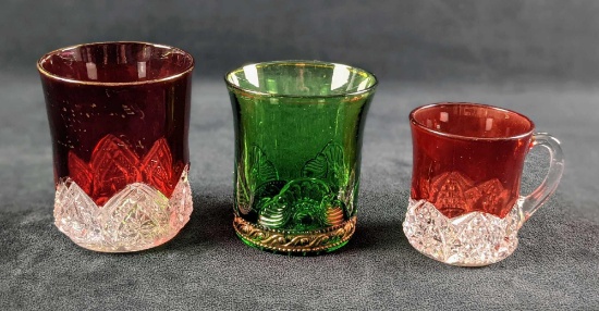 Antique Green Ruby Stained Clear Souvenir Glasses