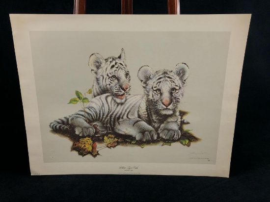 Vintage Wildlife Artist Jim Oliver "White Tiger Cubs " Signed Embossed Lithograph Print