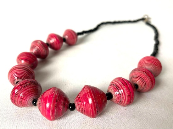 Hand Made "Bead For Life" Made In Uganda Pink & Onyx Toggle Necklace