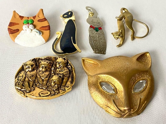 Vintage Lot Of 6 Fun Cat Pins / Brooches