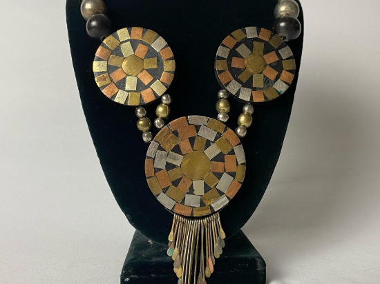 Vintage Native American Silver Copper Brass Mosaic Sun Beaded Necklace