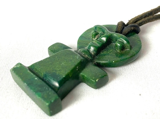 Antique Hand Carved Green Jadeite Figure Pendant & Leather Necklace