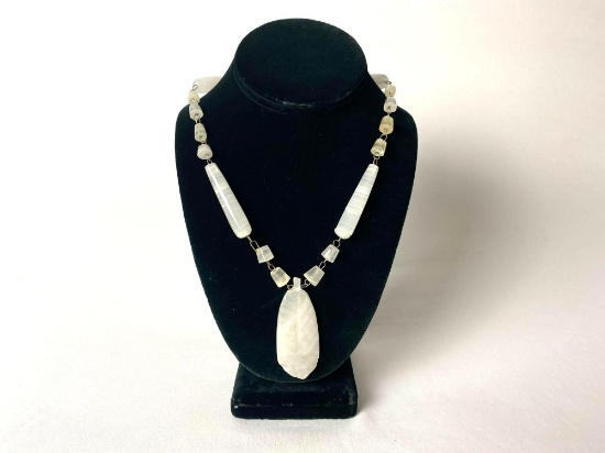 Genuine Carved White Marbled Stone Aztec Mayan Face Mask Necklace Mexico