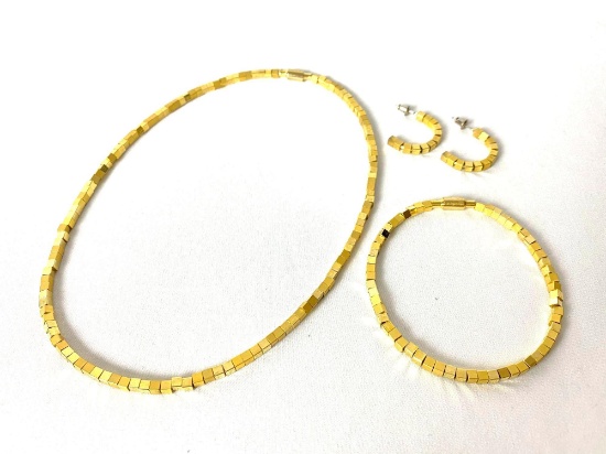 Vintage JH Proffitt's Gold Cube Costume Necklace - Earing - Earrings Set