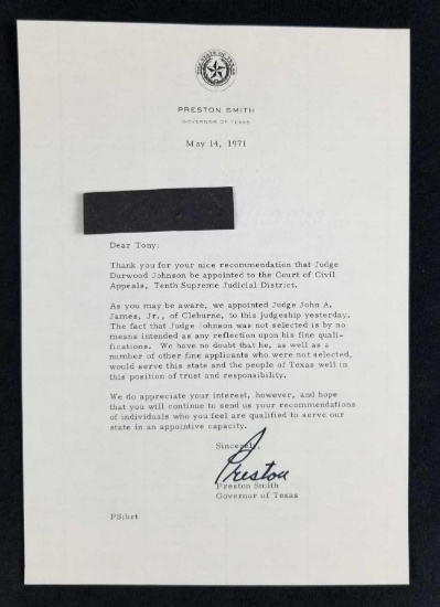 Signed Letter from Preston Smith, Texas Governor