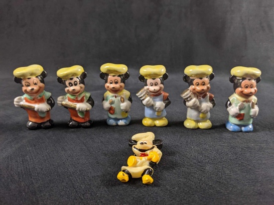 Rare Vintage Chef Mickey Mouse Hand Painted Porcelain Lot Of Six Plus Vintage Pin