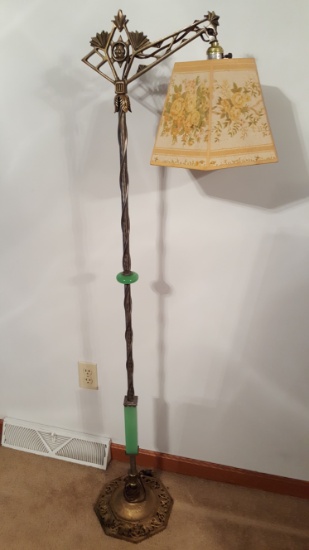 Handmade Ornate Floor Lamp with Jadeite Like Pieces and Brass - 59"H