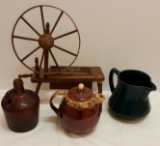 Brown glass bottle , Hull teapot, Hall pitcher, Sample Spinning Wheel - missing pieces