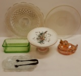 Glass Lot - Green Refrigerator Box (chipped), Opalescent Duck, Cake Plate, Cut Glass Serving Tray