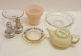 Candlewick Dish, Advertising Ashtray, Aluminim over Glass S & P Shakers, Hall Single Serve Teapot