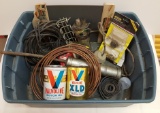 Garage Tote - 2 Unopened Valvoline Oil Cans, copper tubing, separator, grease gun, gas tank strappin