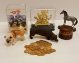 Assorted Decor - butterfly music box, dragon statue, resin horse, resin dogs, 