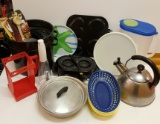 Kitchen Lot - Stock Pots, Donnut Maker, Tupperware Jell-O Mold, Serving Baskets, Teapots