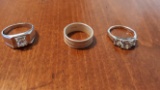Lot of 3 rings - Band - marked 925 - Size 7, Ring with 1 stone - marked 925 - Size 9, Ring with 3 st