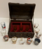 Vintage Wood Pirate Chest Partial Bar Set & assorted shot glasses