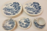 Countryside - blue and white transferware by Wedgwood and Company 9 dinner plates, 6 Berry bowls, 5