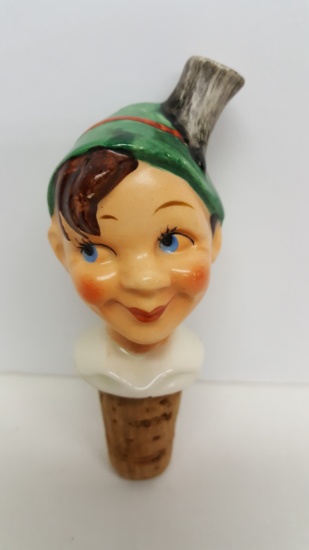 Porcelain Robin Hood Head Bottle Stopper 4" H