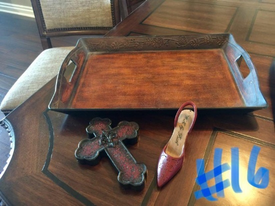 Wooden Tray w/ Red Cross & Red Shoes