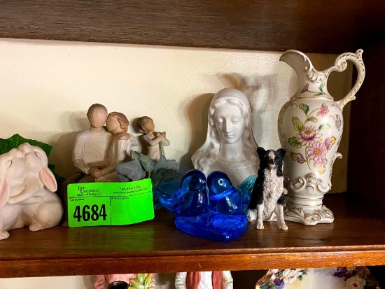 ceramic rabbit, glass birds, ceramic vase, pitcher