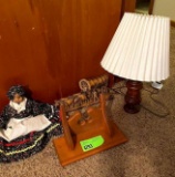 Lamp, Ox Pulling Wagon, Porcelain Head Doll, Shelf