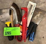 3 Putty Knives, 2 Wire Brushes, misc