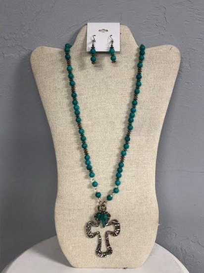 Turquoise & Silver Cross and Earrings