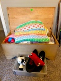 wooden trunk with blankets, shoes, storage container