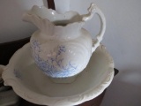 Antique Old Vintage blue flower large pitcher and bowl set