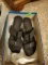 Black open toe slip on wide strap sandals with wedge heel