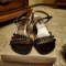 sz 7.5 Black asymetrical open toe strappy heels