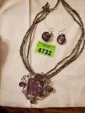 Necklace and Earrings silver chain Purple stone