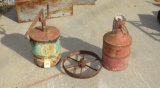 Old Vintage Cans and Cast Iron Small Wheel