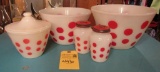 Vintage RARE Fire King White and Red Polka Dot Bowls and Salt & Pepper Shakers. Milk Glass Anchor