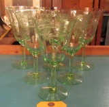 Vintage Green Etched Depression Cordial Wine Glasses