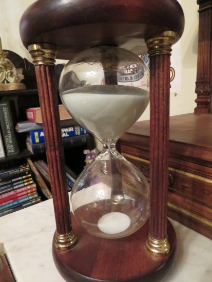 Wood Hourglass Sand Timer with Gold Embellishments.