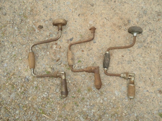Set of three old hand drills