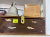 Fishing lure wooden box, Antique cigar box and a bell