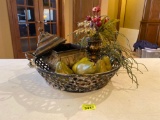 Basket with Floral Arrangement, Decorative Jar & Faux Fruit