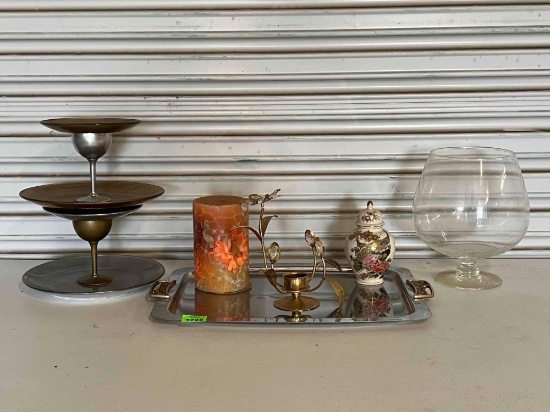 Silver Metal Tray with Candle, Candle Holder, Ceramic Urn, Large Snifter & Tiered Plate Stands