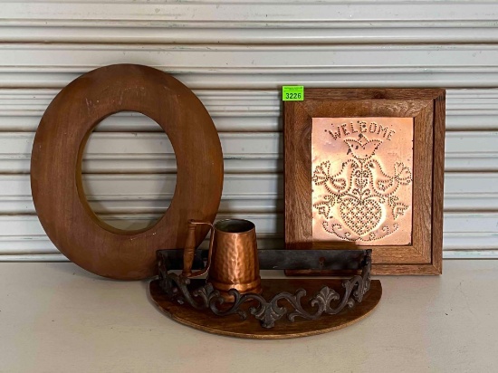Vintage Wood Hat Block, Copper Mug, Wood & Metal Shelf & Copper Punch Welcome Sign