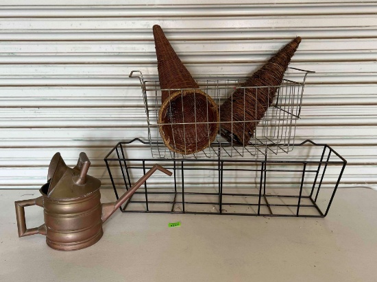 Metal Planter Box Frame, Metal Basket, Watering Can with Grapevine & Basket Woven Cones