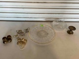 Metal Napkin Ring Holders, Glass Platter, Bowl & Candle Holder