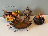 Glass Leaf Platter with Metal Stand, Lantern & Metal Basket with Fall Floral Greenery