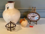 Clay Pitcher, Clock, Ceramic Apple & Glass Trinket Dish