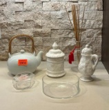 White Teapot & Accessories, Glass Bowl & Reed Diffuser