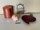 Copper Canister, Metal Turnip Platter, Wood & Metal Shelf & Resin Pig