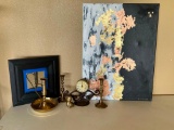Brass Candle Holders, Canvas Art, Mirror & Clock